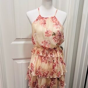 Aakaa Cream Tiered Halter Mini Dress with Pink Floral Print